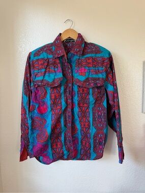 Adobe Rose Vintage Aztec/Southwestern Printed Button-Up Shirt in Teal & Magenta